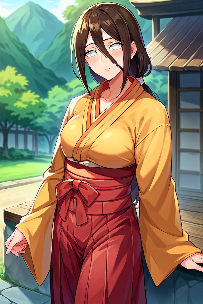 score_9, score_8_up, score_7_up, score_6_up, score_5_up, score_4_up, rating_questionable, , source_anime, digital illustration, pixiv, fanbox, uncensored, , BREAK, official art,
1girl, solo, mature female, hanabi, brown hair, white eyes, hair between eyes, low ponytail,
japanese clothes, kimono, red hakama, hakama skirt, outdoors, blush, looking at viewer, cowboy shot,  <lora:Hanabi_Pony-10:0.8>