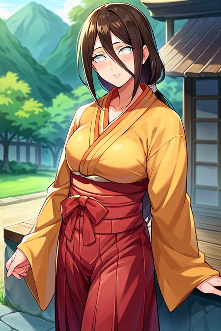 score_9, score_8_up, score_7_up, score_6_up, score_5_up, score_4_up, rating_questionable, , source_anime, digital illustration, pixiv, fanbox, uncensored, , BREAK, official art,
1girl, solo, mature female, hanabi, brown hair, white eyes, hair between eyes, low ponytail,
japanese clothes, kimono, red hakama, hakama skirt, outdoors, blush, looking at viewer, cowboy shot, <lora:Hanabi_Pony-10:0.8>