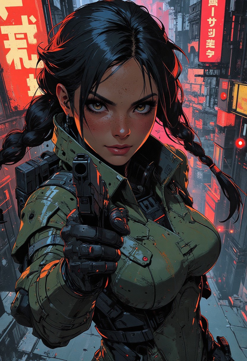 magnificent, closeup portrait, female bounty hunter, braided black hair, futuristic armor, halo spartan, spartan armor, sexy, curvy, large breasts, large ass, guns, gun, gun on back, gun in hand, pistol, holding pistol in hand, aiming pistol, Cyberpunk City, Neon Lights, foreshortening,
looking at viewer, solo, smirk, cocky smirk, 
Cowboy Shot, close up, from above,