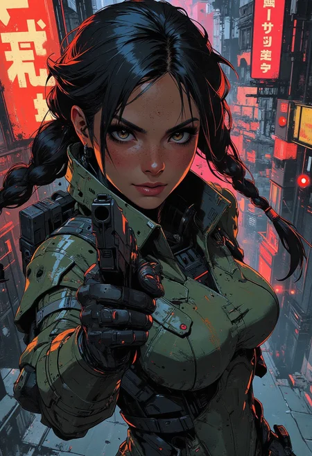 magnificent, closeup portrait, female bounty hunter, braided black hair, futuristic armor, halo spartan, spartan armor, sexy, curvy, large breasts, large ass, guns, gun, gun on back, gun in hand, pistol, holding pistol in hand, aiming pistol, Cyberpunk City, Neon Lights, foreshortening,
looking at viewer, solo, smirk, cocky smirk,
Cowboy Shot, close up, from above,