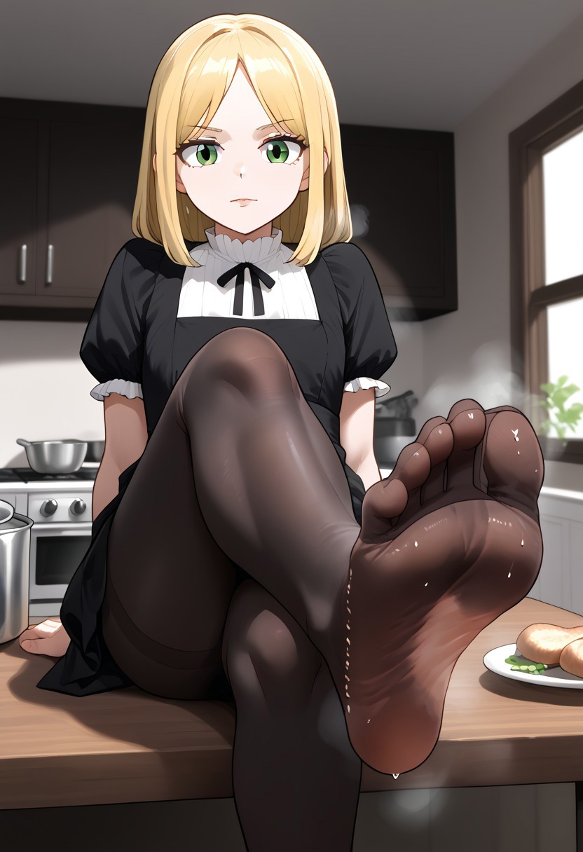 dress, white socks, sfw, crossed legs, sitting on table, kitchen, , green eyes, , black pantyhose, soles, steamy soles:1.8, sweaty feet:1.2, lumima, blonde hair, housewife