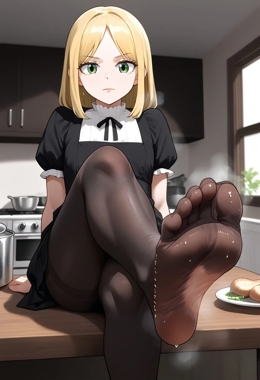 dress, white socks, sfw, crossed legs, sitting on table, kitchen, , green eyes, , black pantyhose, soles, steamy soles:1.8, sweaty feet:1.2, lumima, blonde hair, housewife