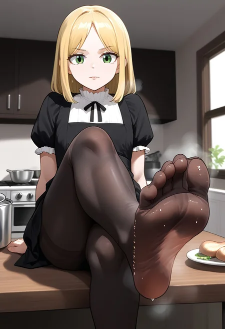 dress, white socks, sfw, crossed legs, sitting on table, kitchen, , green eyes, , black pantyhose, soles, steamy soles:1.8, sweaty feet:1.2, lumima, blonde hair, housewife