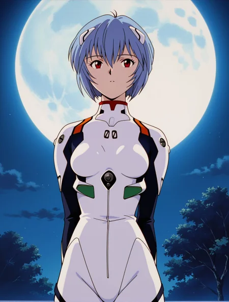 masterpiece, best quality, newest, absurdres, highres, detailed eyes, beautiful, detailed background, perfect eyes, anime coloring, anime screencap, 1990s \(style\), 1girl, solo, ayanami rei, blue hair, short hair, hair between eyes, red eyes, small breasts, hair ornament, white bodysuit, pilot suit, arms behind back, (outdoors, night, full moon, moonlight), <lora:rei_c_eva_illus-08:0.8>