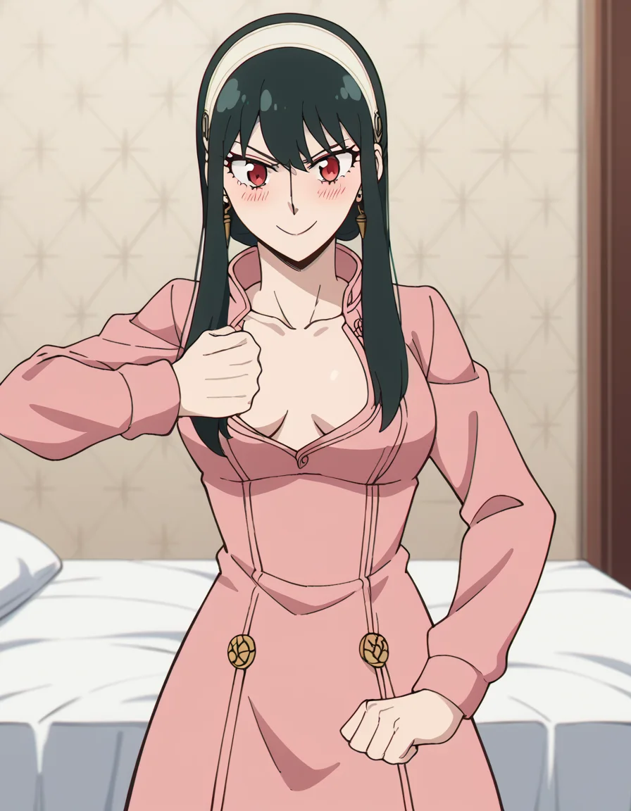 score_9, score_8_up, score_7_up, source_anime, yorbriar, <lora:yor-briar-s1-ponyxl-lora-nochekaiser:1>, yor briar, black hair, red eyes, earrings, white hairband, hairband, long hair, sidelocks, medium breasts,, <lora:giorno-giovannas-pose-ponyxl-lora-nochekaiser:1>, giorno giovannas pose, giorno giovanna's pose (jojo), jojo pose, hand up, arm up, clenched hand, hand on waist,, blush, shirt, no bra, center opening, smile, bed room, collarbone,, cowboy shot