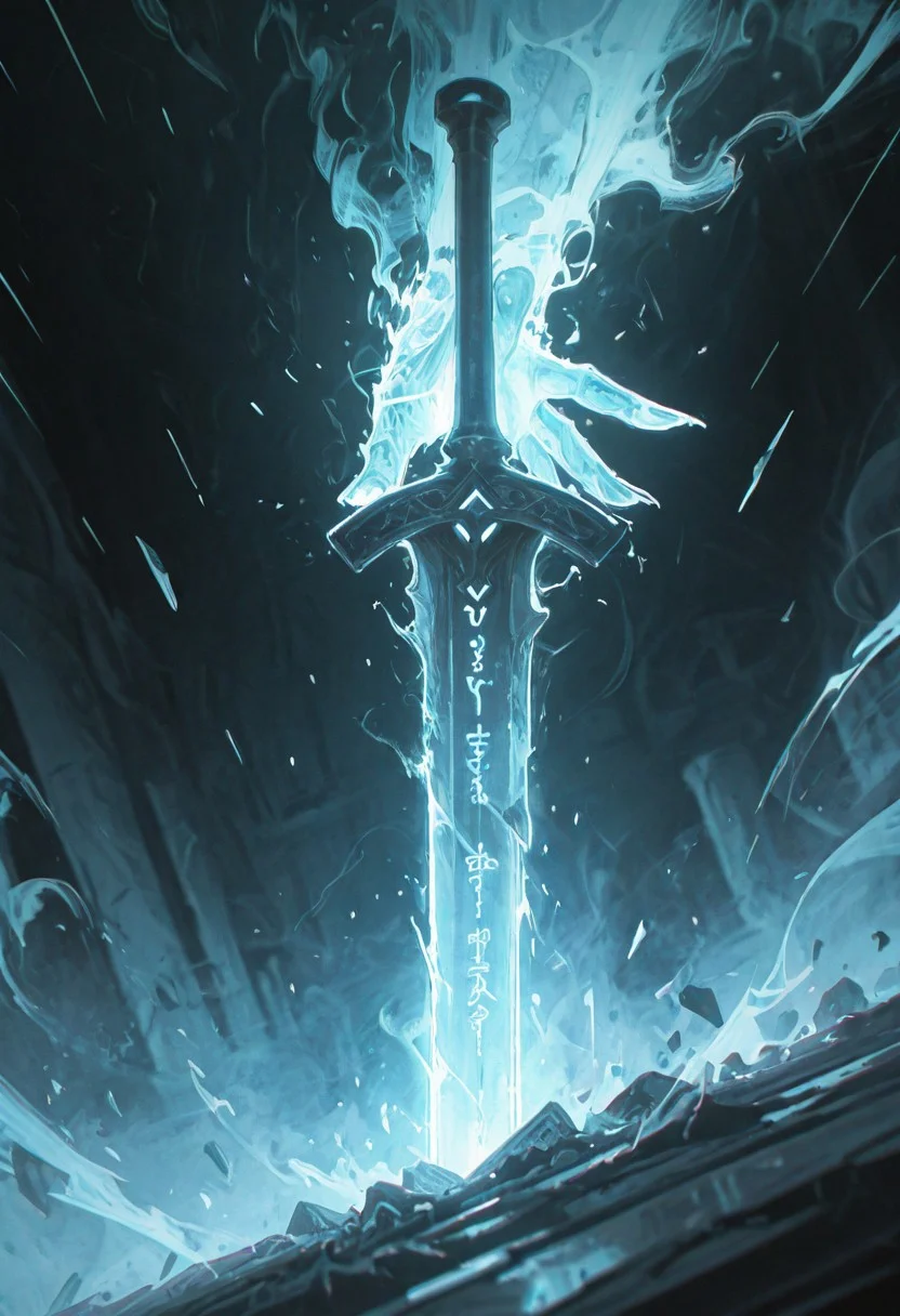 dynamic angle, unusual angle, dynamic, dynamic composition,
In the dim, flickering light, a shadowy figure emerges, its presence cloaked in an air of mystery. Slowly, it reaches out toward the hilt of the shattered runic sword, its movements deliberate yet hesitant. The ancient engravings on the hilt begin to pulse faintly, glowing like a dying ember, their light casting eerie shadows across the figure’s outstretched hand. The closer it gets, the air grows colder, heavy with an otherworldly presence. From the jagged break in the blade, spectral wisps begin to unfurl, curling and twisting like smoke, their forms coalescing into ghostly faces etched with agony. Whispers fill the air—soft at first, but rising into a cacophony of tormented wails. The figure’s hand trembles as its fingers hover just above the hilt, as though sensing the weight of the cursed power it is about to claim. Finally, with a sharp intake of breath, the hand closes around the sword. The runes ignite with a blinding light, and the escaping souls recoil, writhing in both fear and fury.