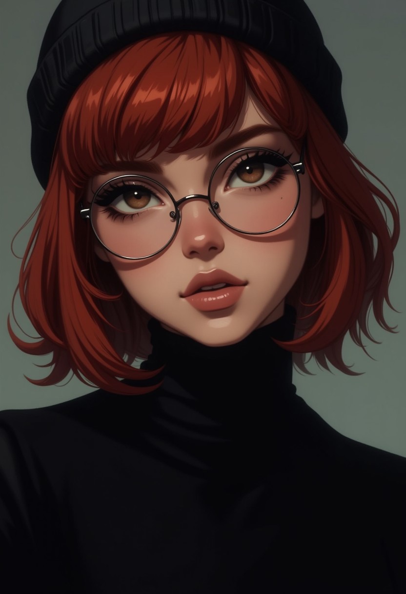 a cute woman, red hair bob, wearing skin tight black turtle neck and a beanie, round glasses, front view, (hi-top fade), (dark theme:0.9), soothing tones, muted colors, high contrast, (natural skin texture, hyperrealism, soft light, sharp), close up