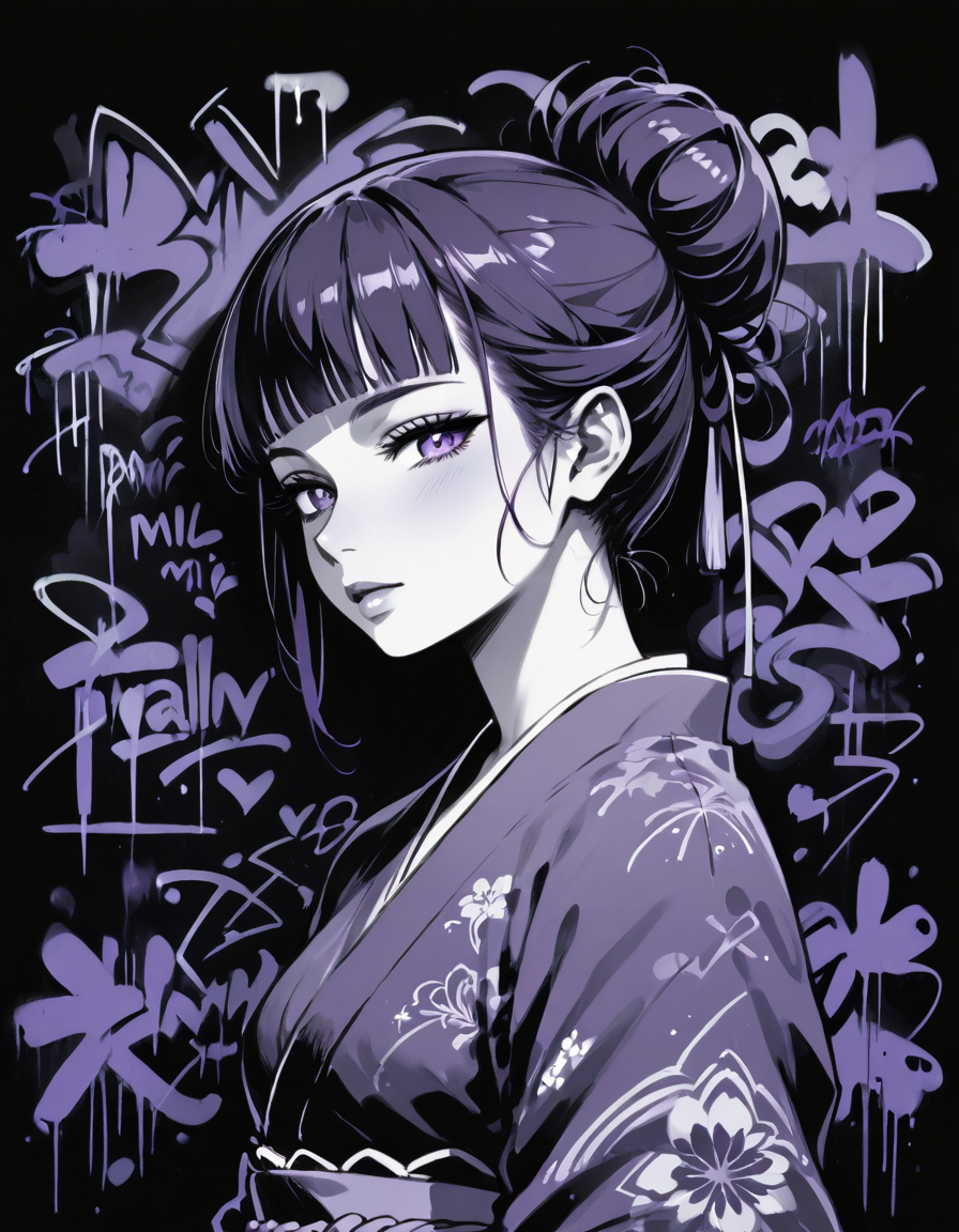 score_9, score_8_up, score_7_up, album cover, blgStyle, sexy pose, expressiveh, album cover,1girl,solo,updo hair,hair bun,tied hair,short hair,blunt bangs, black background,graffiti, flat lighting,purple theme,monochrome, wearing kimono,<lora:Blacklight_Graffiti_Style_Pony:1>  <lora:Expressive_H:0.8>