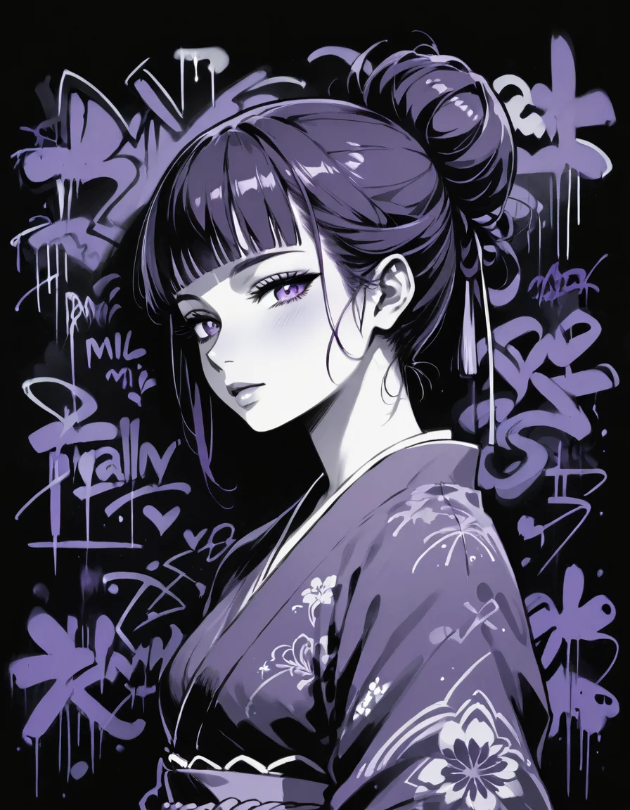 score_9, score_8_up, score_7_up, album cover, blgStyle, sexy pose, expressiveh, album cover,1girl,solo,updo hair,hair bun,tied hair,short hair,blunt bangs, black background,graffiti, flat lighting,purple theme,monochrome, wearing kimono,<lora:Blacklight_Graffiti_Style_Pony:1> <lora:Expressive_H:0.8>