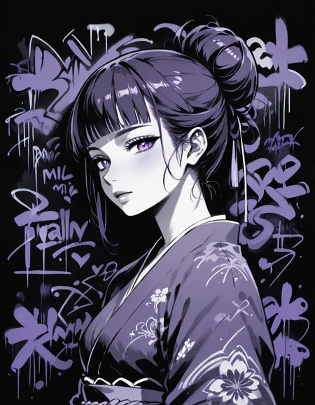 score_9, score_8_up, score_7_up, album cover, blgStyle, sexy pose, expressiveh, album cover,1girl,solo,updo hair,hair bun,tied hair,short hair,blunt bangs, black background,graffiti, flat lighting,purple theme,monochrome, wearing kimono,<lora:Blacklight_Graffiti_Style_Pony:1>  <lora:Expressive_H:0.8>