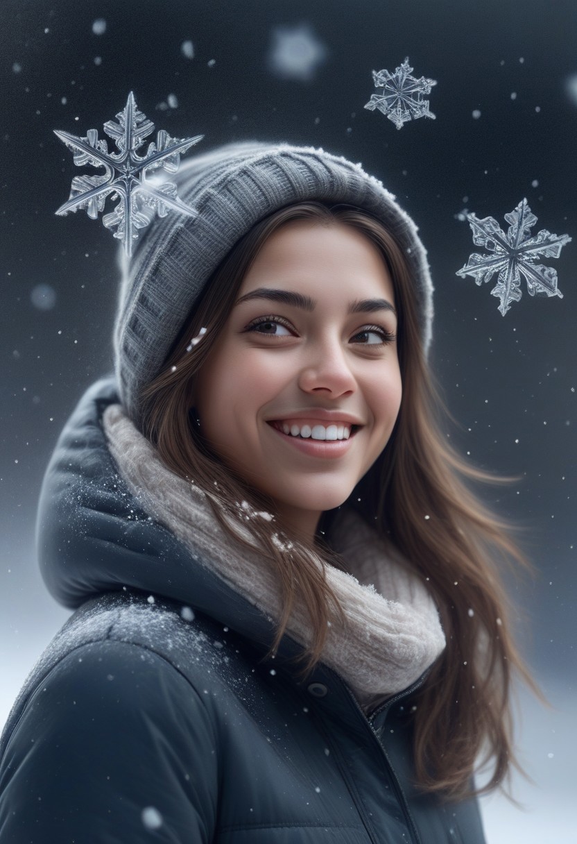 A beautiful girl in the snow. The girl is smiling. She is looking sideways at the viewer. Multiple tiny but very detailed snowflakes are falling around her, each a different shape. snowflake