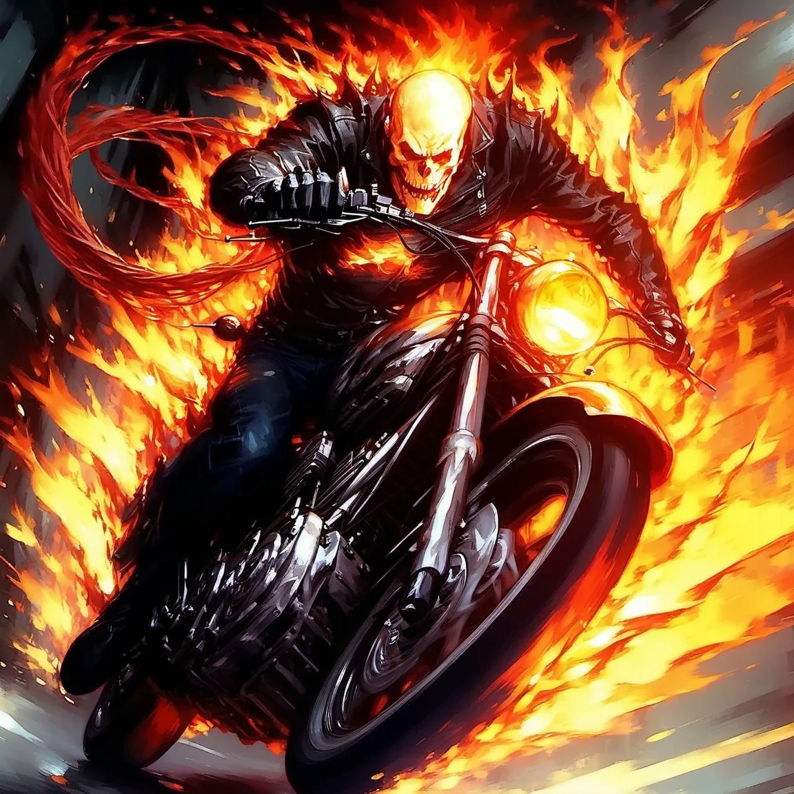 fireart, a man riding a motorcycle with flames coming out of it,painting,<lora:fireart:1>