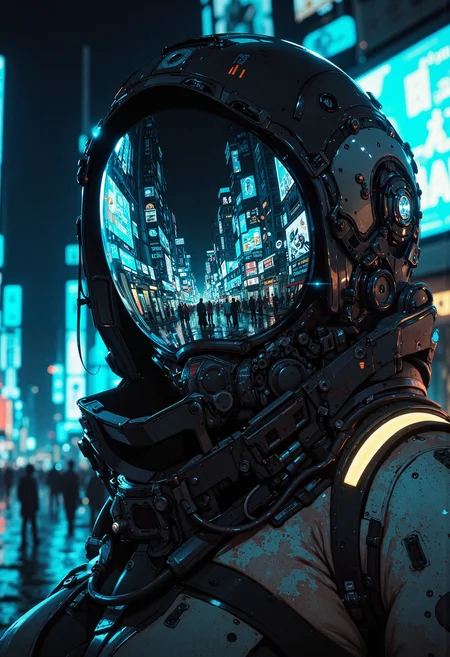 masterpiece, high-quality, hyperdetailed, refined details, best quality, high resolution, Exosuit visor reflecting a distorted cityscape at night, the visor is heavily tinted, obscuring the females face and creating an enigmatic presence, neon city lights create alluring reflections and highlights on the visors surface, medium shot focusing on the visor and the distorted reflections, Style is Visor Reflection Enigma, focus on visor reflections and neon lighting, mysteriously alluring, sense of hidden identity and urban night allure, <lora:FLUX\Anime v1.3:0.5> <lora:FLUX\MoriiMee_Gothic_Niji_Style_FLUX:0.6> <lora:FLUX\CPA:0.5> <lora:FLUX\DarksunRiddV4:0.5