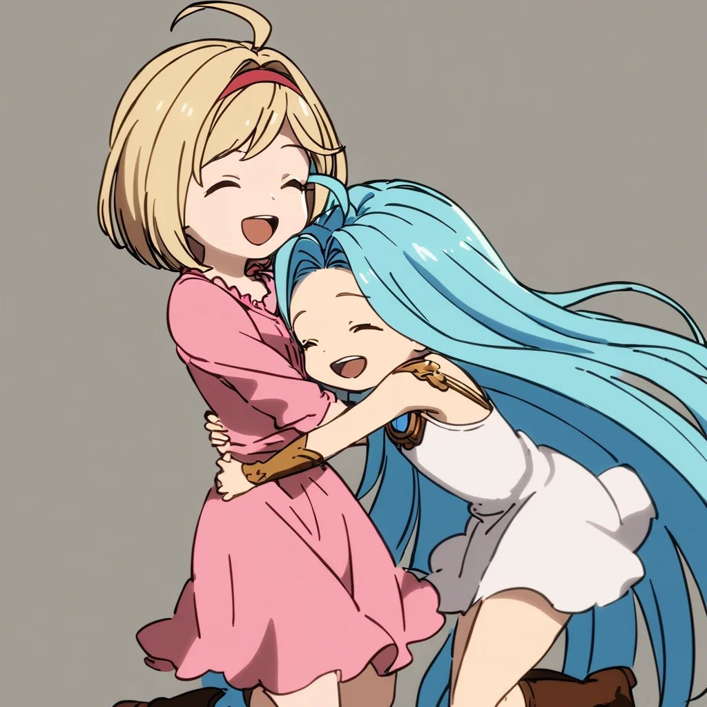 best quality, simple background, white background,
hug, (jumping:1.1), smile, closed eyes, open mouth,
2girls, yuri, (chibi:0.7),
lyria \(granblue fantasy\), very long blue hair, ahoge, white sleeveless dress,
djeeta \(granblue fantasy\), blonde short hair, pink shirt,
<lora:JitaRuri-XL:1> jitaruri, (anime coloring:1),