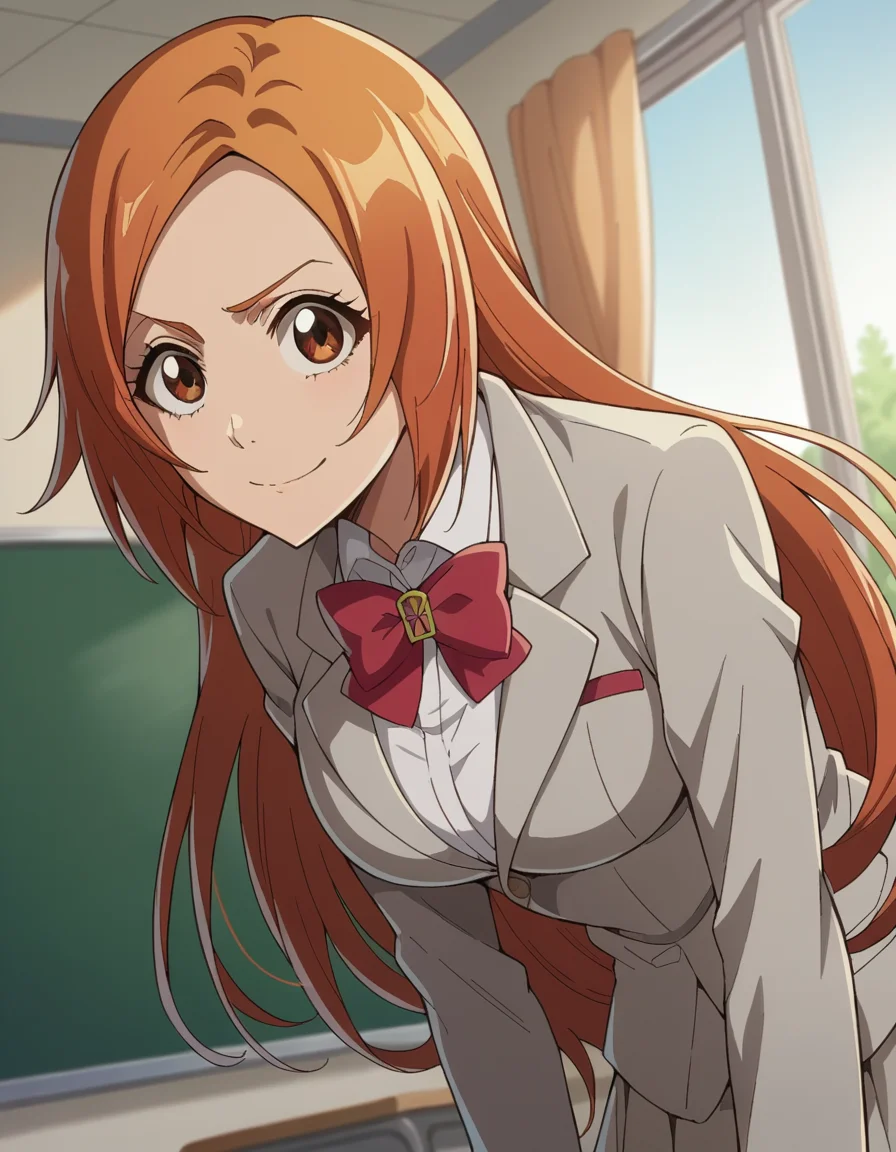 score_9, score_8_up, score_7_up, source_anime,
inoueorihime, <lora:inoue-orihime-tybw-ponyxl-lora-nochekaiser:1>,
inoue orihime, long hair, orange hair, brown eyes,
school uniform, blazer, grey blazer, shirt, white shirt, collared shirt, bowtie, red bowtie,
indoors, classroom, bent over, smile,
looking at viewer, cowboy shot, dutch angle, solo,