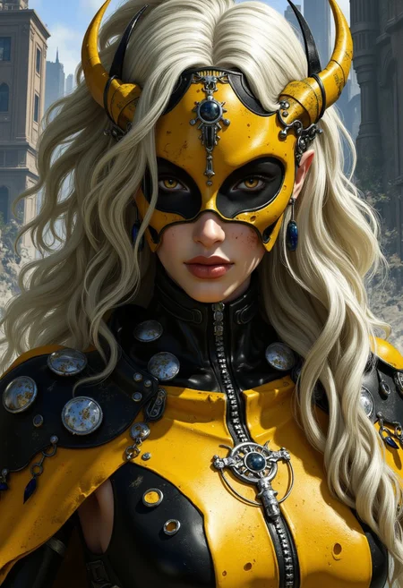 impressionist classical-style painting of a highly detailed, closeup portrait, face focus, stylized artwork featuring a androgynous figure with a striking, futuristic aesthetic. It depicts a female rogue against a backdrop of a futuristic, post apocalyptic city. The rogue has some skin burns and is dressed in a striking, futuristic outfit of mustard yellow and black, with high tech accessories, including a helmet adorned with a stylized, angular visor that covers her hazel eyes and a flowing cape. She has long, flowing white hair tied back, and her skin appears to be pale.
(((ultra-realistic style))), realistic lighting, dark, eye-catching, atmospheric lighting, natural, shallow depth of field, (highlights: 0.8), high detail (dynamic, cinematic shot, film grain, bokeh, depth of field)