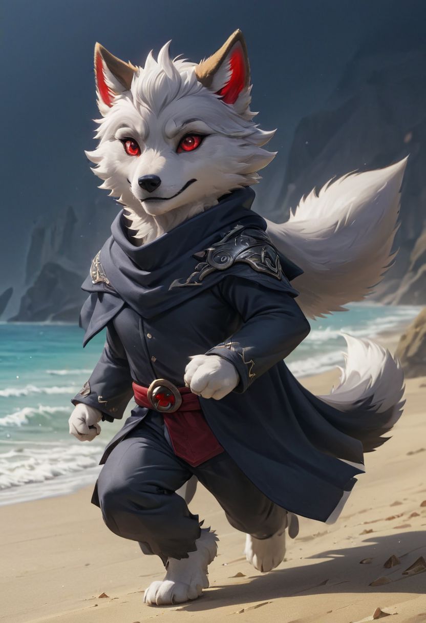 furry wolf, gray wolf, chibi, with red eyes,  beach,
pants or shorts, furry body
full-length frontal view, flight phase during running, legs above the ground, wind blowing the cloak, fast running,
Hyperrealistic art high-quality portrait flat matte drawing of a cute Nendoroid and cartoon style, anime flat style, thick drawing, medium close-up", (solo:1.2), photorealistic:1.5, 8k, texture skin, realistic skin, detailed skin, highest detailed, extreme detailed, 8k wallpaper, colorful, (dark magic), ring with the stone, (intricate details), (hyperdetailed), 8k hdr, high detailed, lot of details, high quality, soft cinematic light, atmospheric perspective (focus on), color Ink wash painting, Extremely high-resolution details, photographic, realism pushed to extreme, fine texture, incredibly lifelike, two people, two children
