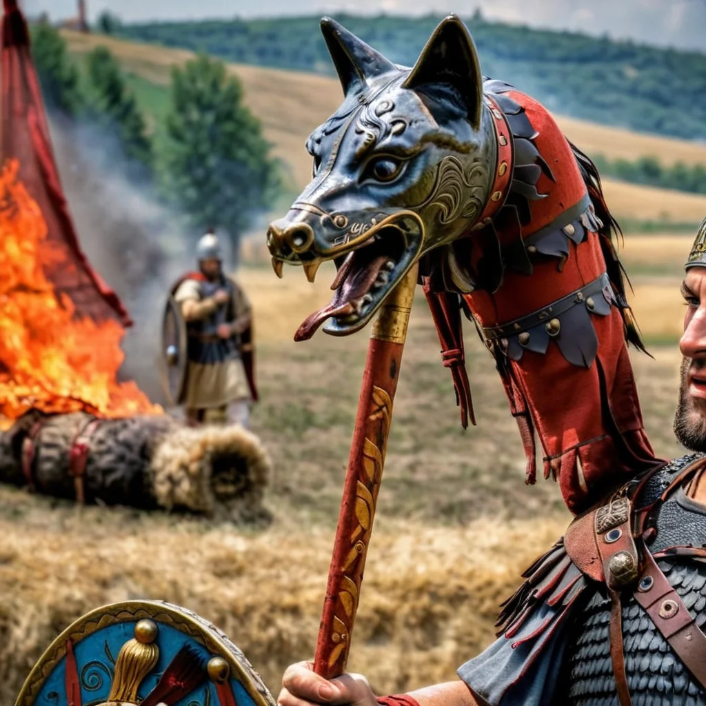 Movie scene, HDR, award winning, photo, Roman soldier  holding a dacian draco covered in blood, battlefield scene in the background, burning city in the background<lora:daciandraco:1> draco, dacian, pole