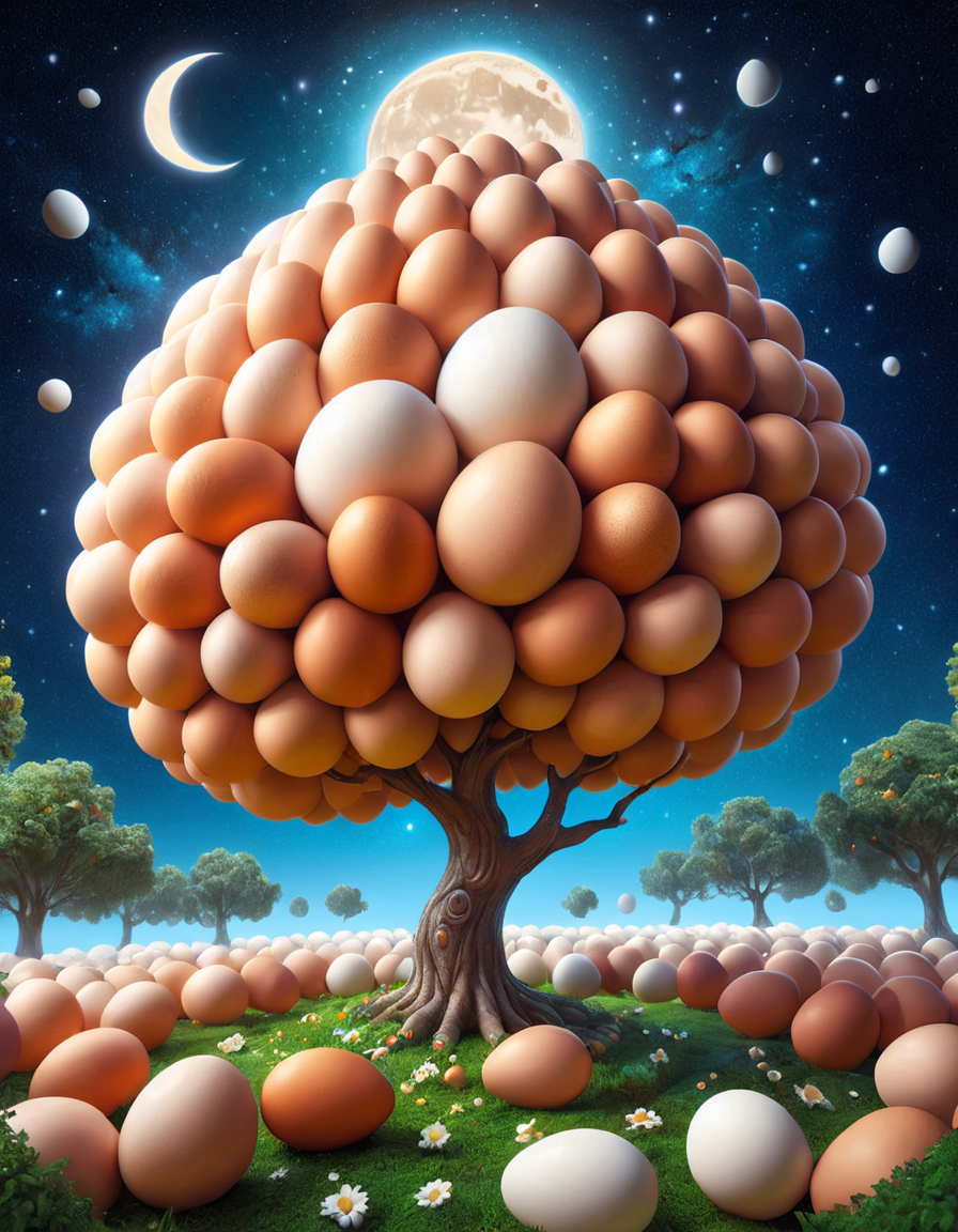 funny digital art of a tree made of eggs, space with stars and moon background, masterpiece, absurdres, vibrant, dynamic angle, dynamic pose, dramatic light, highly detailed, scenery, no humans, <lora:EggsMorph:1>,
