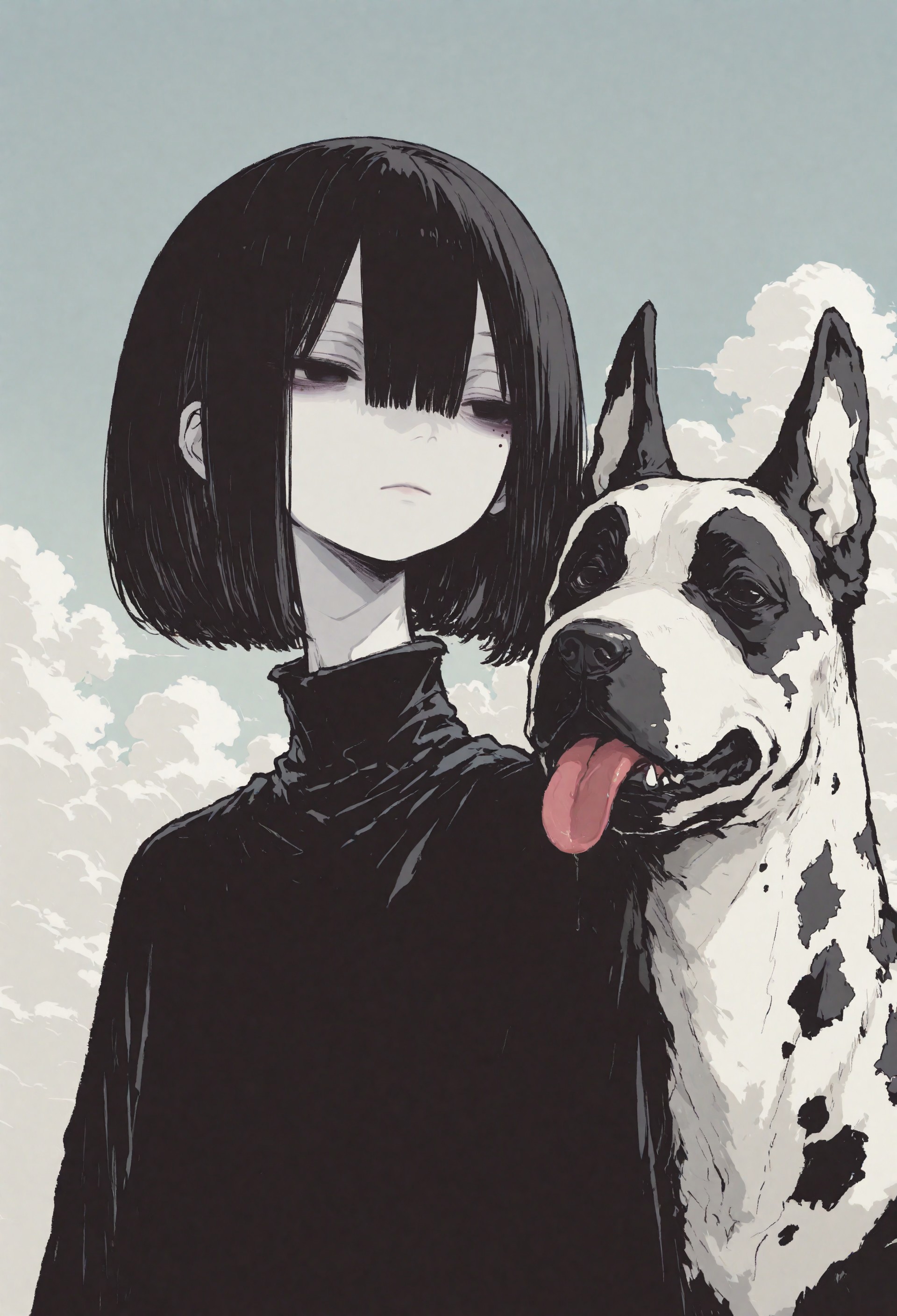 1girl, solo, black hair, bob cut, hair between eyes, solid black eyes, detailed eyes, looking to the side, mole under eye, expressionless, looking to the side, closed mouth,pale skin, black turtle neck, animal focus, dog, Great Dane, tongue out, licking_another's_face, whimsical dog, spotted fur, pale blue sky, clouds, close up, chromatic aberration,minimalsim, no lineart, no outline, blending, flat color,15546+456868, r17329_illu,S4bit4mago_illu