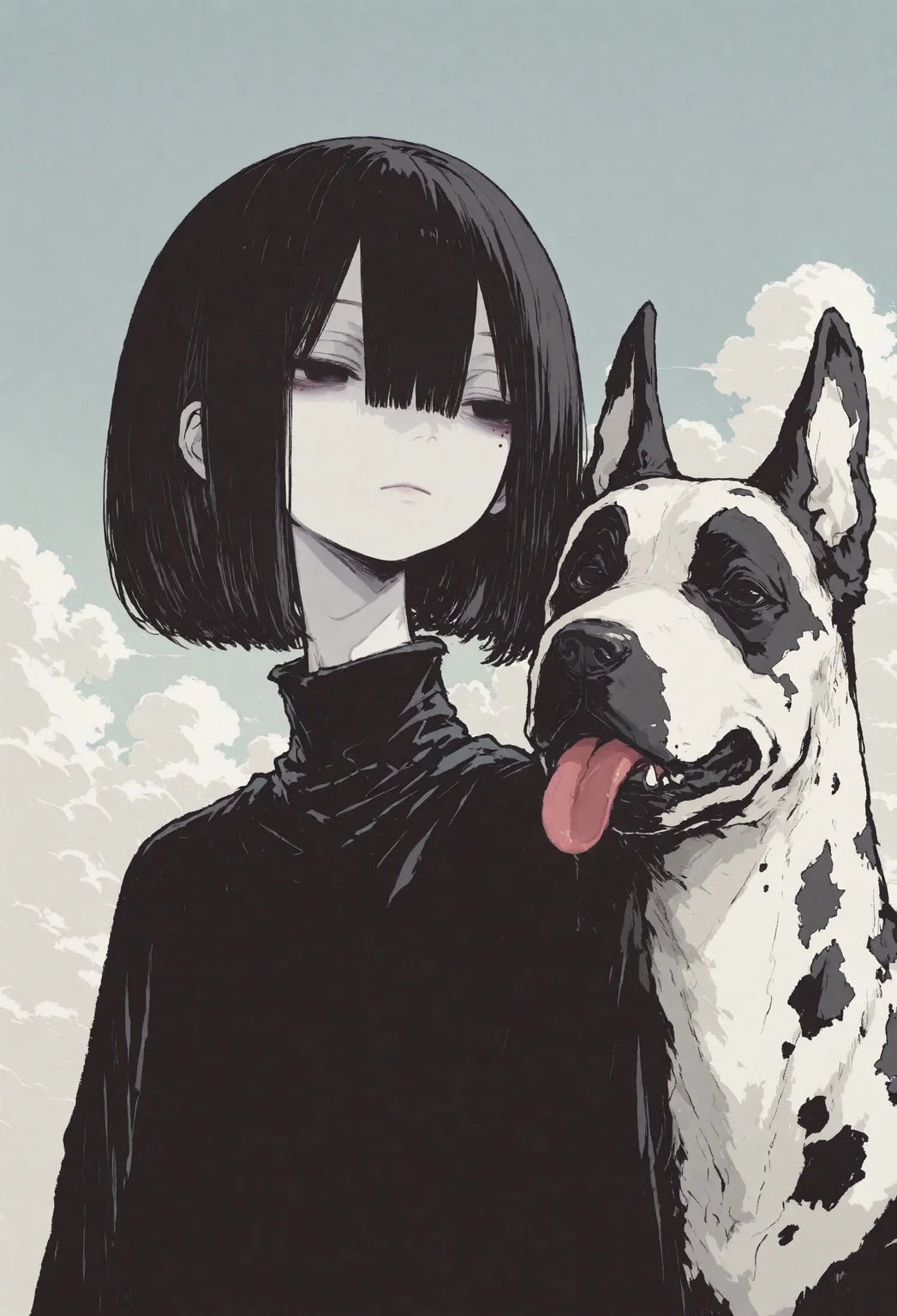 1girl, solo, black hair, bob cut, hair between eyes, solid black eyes, detailed eyes, looking to the side, mole under eye, expressionless, looking to the side, closed mouth,pale skin, black turtle neck, animal focus, dog, Great Dane, tongue out, licking_another's_face, whimsical dog, spotted fur, pale blue sky, clouds, close up, chromatic aberration,minimalsim, no lineart, no outline, blending, flat color,15546+456868, r17329_illu,S4bit4mago_illu