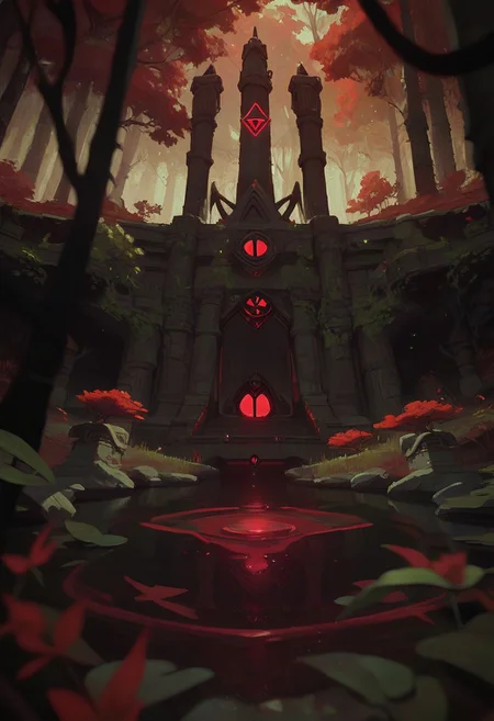 score_9, score_8_up, score_7_up, score_6_up, arkn, detailed drawing, forest, autumn, black and Red stone cult temple, ravens,  Red water pond, black tentacles coming Out of pondgrass, midday, merricles sun burning down, dynamic light,