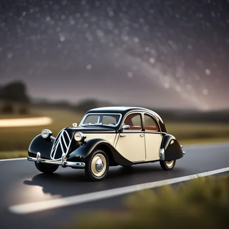 Billy's Vintage Car, Citroën Traction Avant from years 1934 to 1957, Commonality type 3, Streamlined, groundbreaking design. Often seen in films. Sophisticated but has a rounded, appealing shape. glassy reflective road, glassy clean landscape, best bright night, star list sky, motion blur