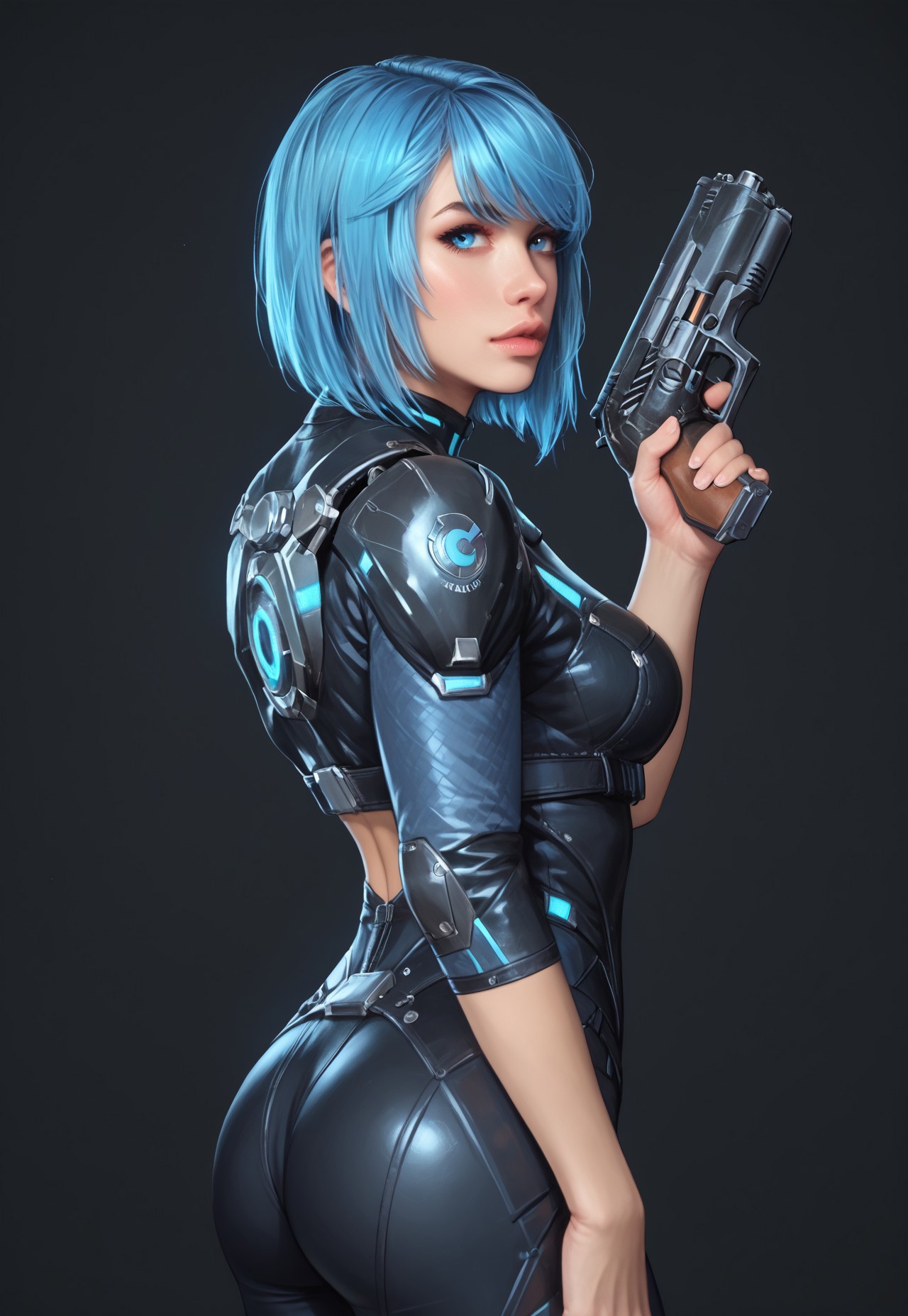 safe_pos, core_9, score_8_up, score_8, semi realistic, ultra detailed, 8k, high quality, hi res, high quality, detailed eyes, perfecteyes, detailed face, 1girl, sharp focus, cowboy-shot, focus on hip, (1girl:1.2), Nyx from Quake Champions, futuristic assassin outfit, (((pistol in hand))), pale skin, ((glowing bobcut blue hair, side bangs)), realistic, cinematic angle, cinematic lighting, athletic body, intense face, glowing blue eyes, stealthy pose
BREAK
infiltrating a high-tech corporate facility at night
BREAK
source_sci_fi_art, rating_explicit, expressive, half body, back view, dynamic pose
BREAK
detailed beautiful background, futuristic architecture, neon lights, advanced security systems, holographic displays, dark shadows, tense atmosphere
(((full clothed)))