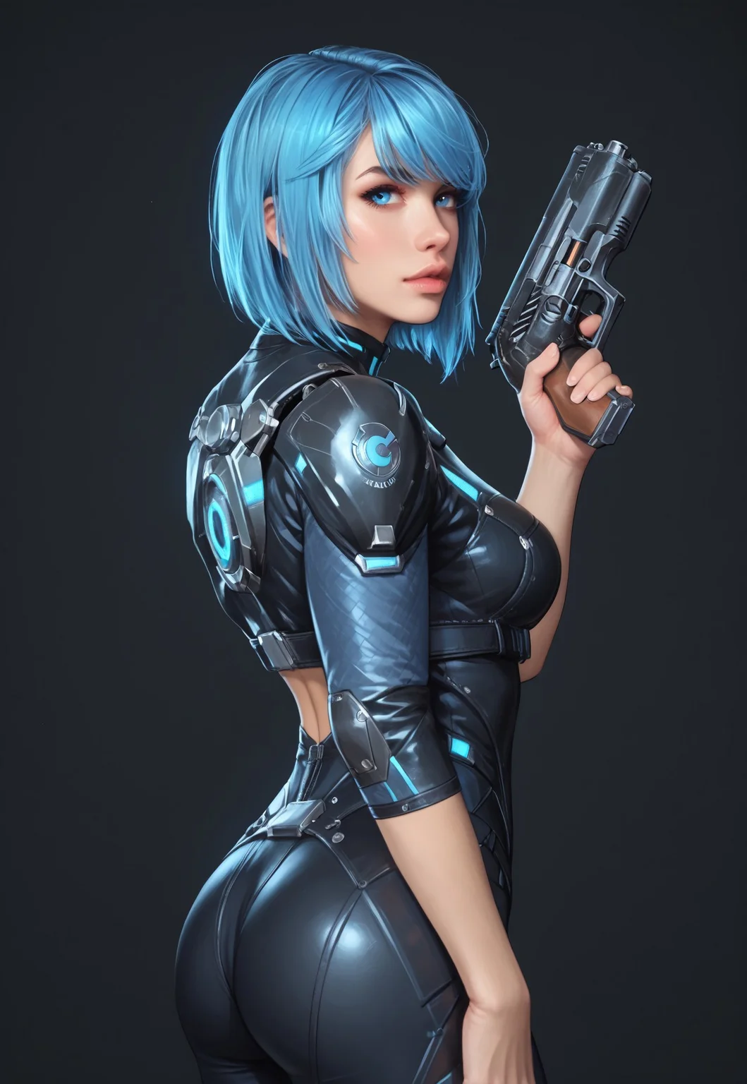 safe_pos, core_9, score_8_up, score_8, semi realistic, ultra detailed, 8k, high quality, hi res, high quality, detailed eyes, perfecteyes, detailed face, 1girl, sharp focus, cowboy-shot, focus on hip, (1girl:1.2), Nyx from Quake Champions, futuristic assassin outfit, (((pistol in hand))), pale skin, ((glowing bobcut blue hair, side bangs)), realistic, cinematic angle, cinematic lighting, athletic body, intense face, glowing blue eyes, stealthy pose
BREAK
infiltrating a high-tech corporate facility at night
BREAK
source_sci_fi_art, rating_explicit, expressive, half body, back view, dynamic pose
BREAK
detailed beautiful background, futuristic architecture, neon lights, advanced security systems, holographic displays, dark shadows, tense atmosphere
(((full clothed)))
