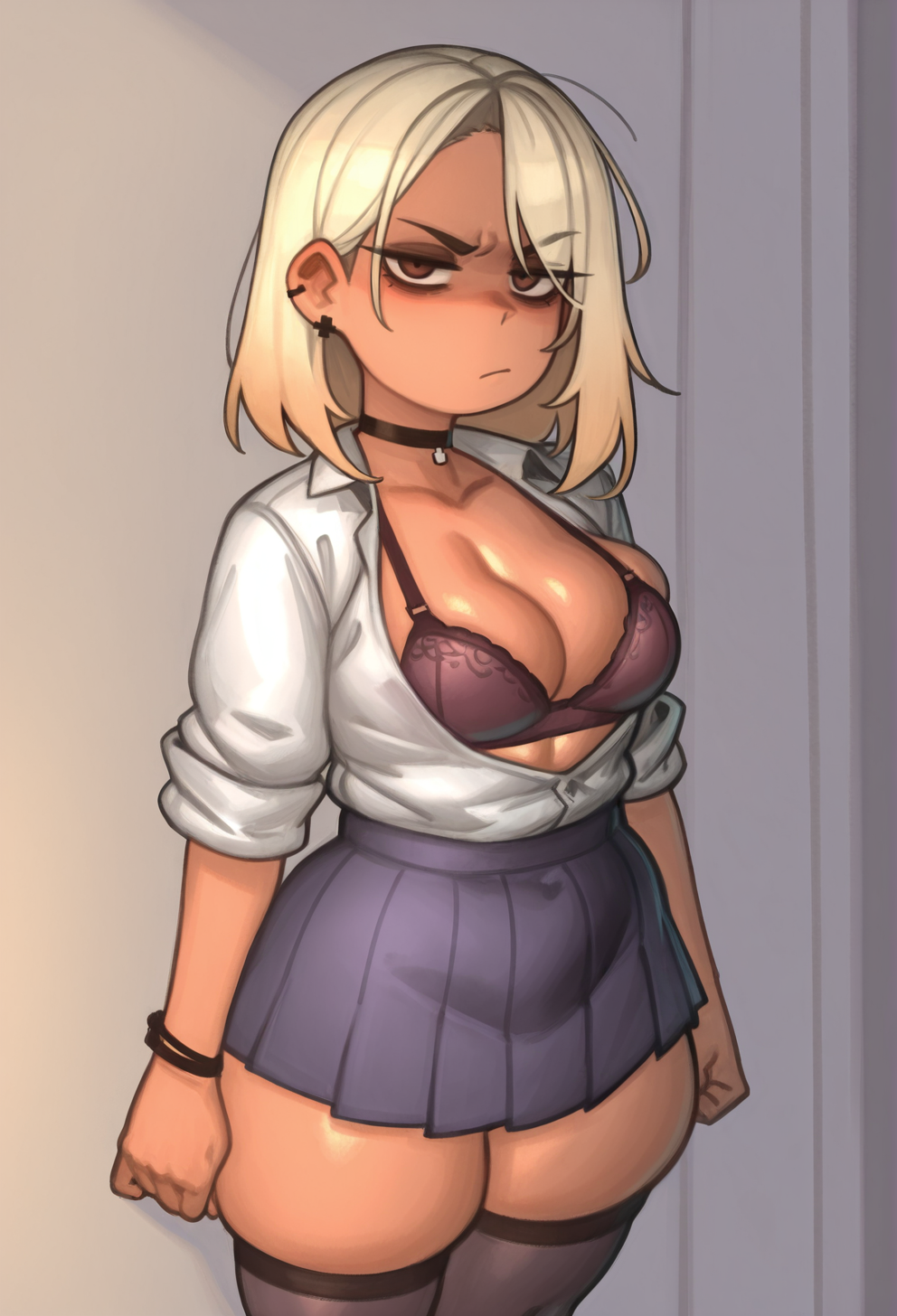 masterpiece, best quality,
 <lora:KelvinHiu:1> K3lv1nH10, 1girl, solo,standing, looking at viewer, disdain,blonde hair, medium hair, gyaru, medium breasts,school uniform, skindentation, cleavage, skirt, thighhighs, choker, earrings, sleeves rolled up, underwear, bra,