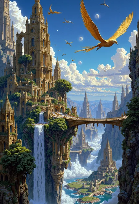 a breathtaking celestial landscape. The scene features floating islands adorned with lush greenery and cascading waterfalls, connected by delicate rope bridges. A majestic, large bird with golden feathers soars through the sky, accompanied by smaller birds. The sky is a vibrant mix of blues and purples, with multiple moons and a distant, ethereal city with towering spires. The overall atmosphere is dreamlike and otherworldly, with a harmonious blend of natural and fantastical elements, creating a sense of wonder and tranquility.