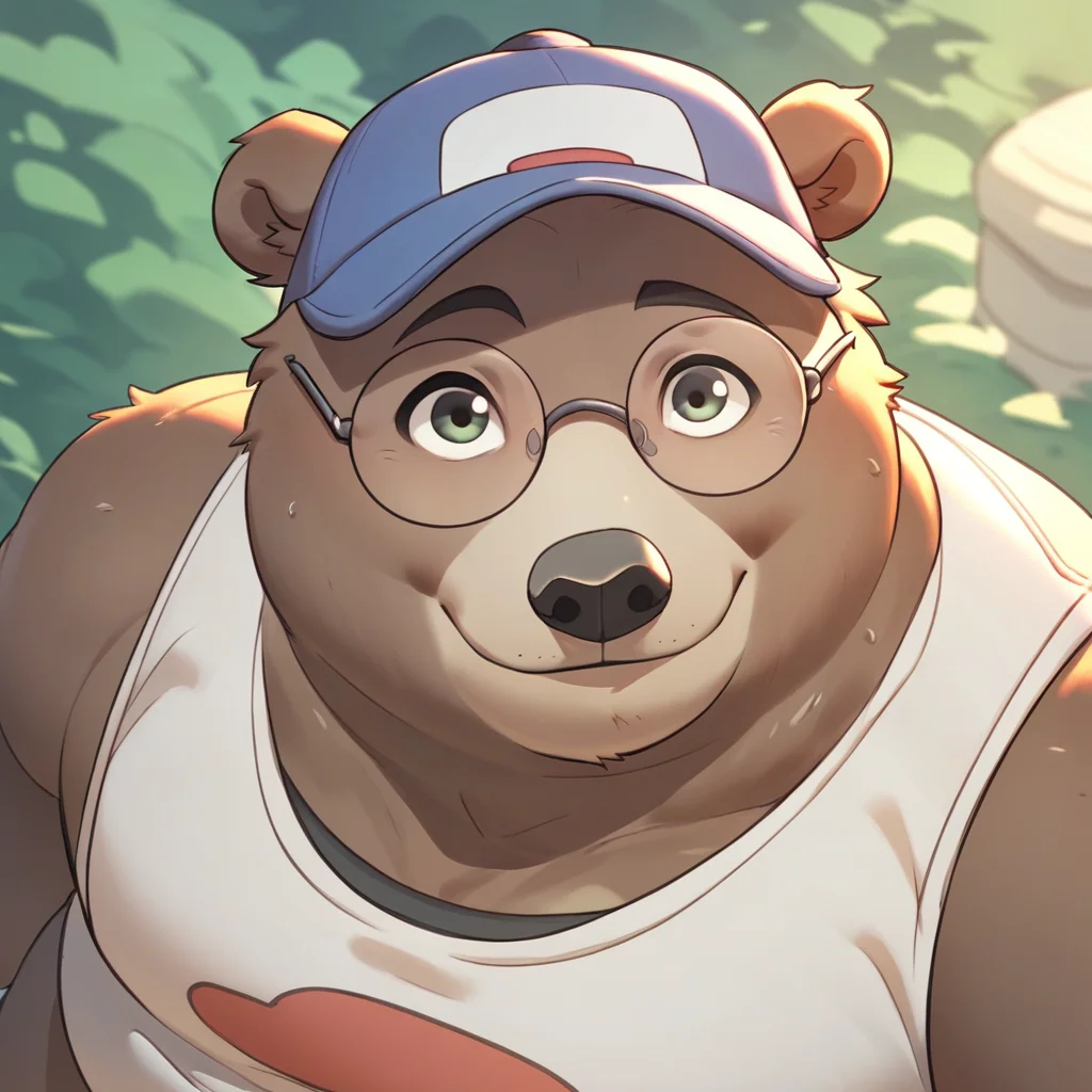 score_7_up, score_8_up, score_9, 1boy, solo, bear, smiling, face shot, plump, cap, glasses, outdoors, sunny day, White sleeveless shirt, looking at viewer, smile