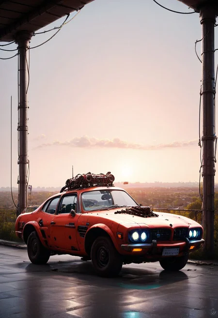 masterpiece,best quality,amazing quality,very aesthetic,high resolution,ultra-detailed,absurdres,newest,scenery,depth of field,scenery,volumetric lighting, beautiful, looking at you, score_9, score_8_up, score_7_up,evi@decrepPunk, car