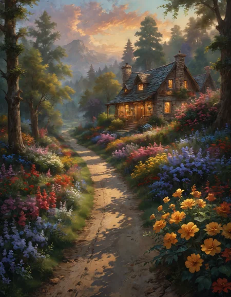 photograph a painting of a road through a field of flowers, ( ( thomas kinkade ) ), 50mm . cinematic 4k epic detailed 4k epic detailed photograph shot on kodak detailed cinematic hbo dark moody, 35mm photo, grainy, vignette, vintage, Kodachrome, Lomography, stained, highly detailed, found footage, a painting of a road through a field of flowers, ( ( thomas kinkade ) ), ( thomas kincade ), by mark keathley, inspired by mark keathley, thomas kinkade painting, by Thomas Kinkade, by thomas kinkade, thomas kinkade style painting, thomas kindkade, style thomas kinkade, thomas kincade, style of thomas kinkade, full background, very detailed, beautiful, intricate, atmosphere, highly coherent, cinematic, complex, enhanced, vibrant color, best, light, created, perfect, romantic, futuristic, sharp focus, winning scenic, artistic, thought, clear, crisp, extremely inspirational, lovely