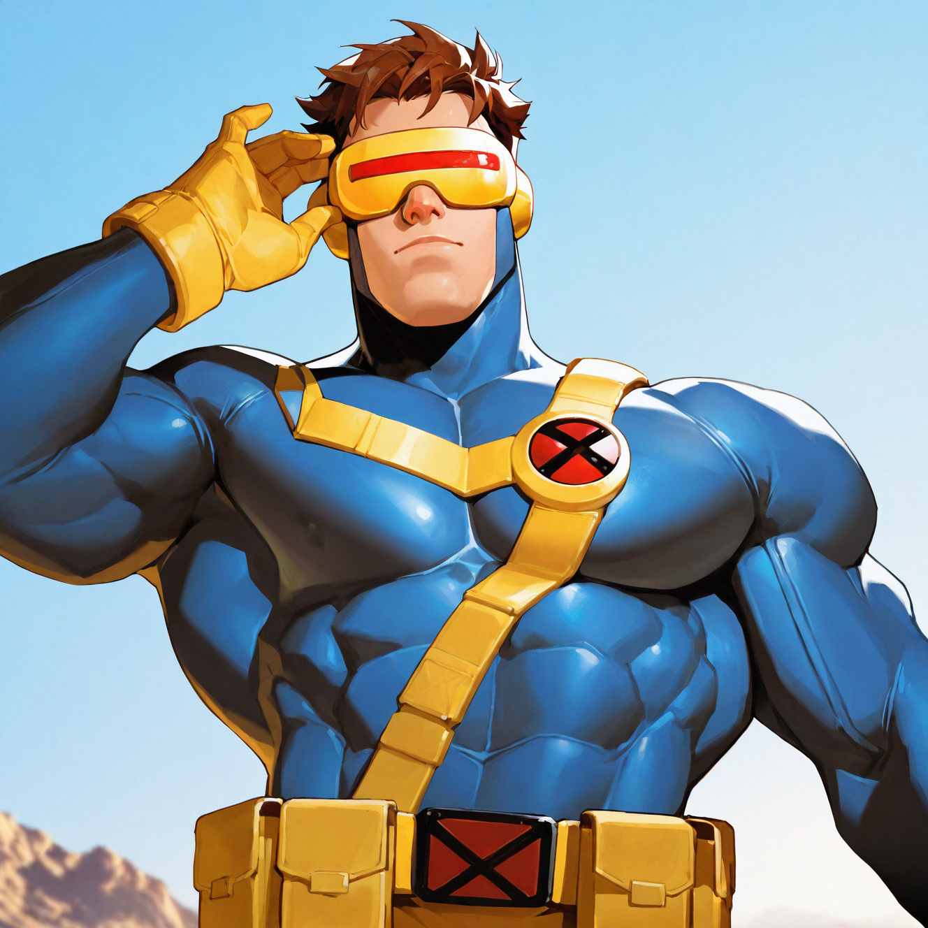 <lora:CYCLOPS:1>cyclops, solo, brown hair, 1boy, gloves, upper body, male focus, belt, muscular, bodysuit, abs, goggles, skin tight, pouch, adjusting eyewear, superhero, blue bodysuit, yellow gloves, photo background, head-mounted display, utility belt, short hair, closed mouth, outdoors, sky, blue sky, blurry background, mask, muscular male, pectorals, yellow belt, motion blur, film grain, abstract, natural lighting, fantasy, cinematic, dynamic view, tilted angle, very awa, masterpiece, best quality, absurdres, newest, perfect quality, detailed background, intricate details,  (artist:fl \(l-fl\):0.7), (artist:tooboshoo:0.7), (artist:dizdoodz:0.8)