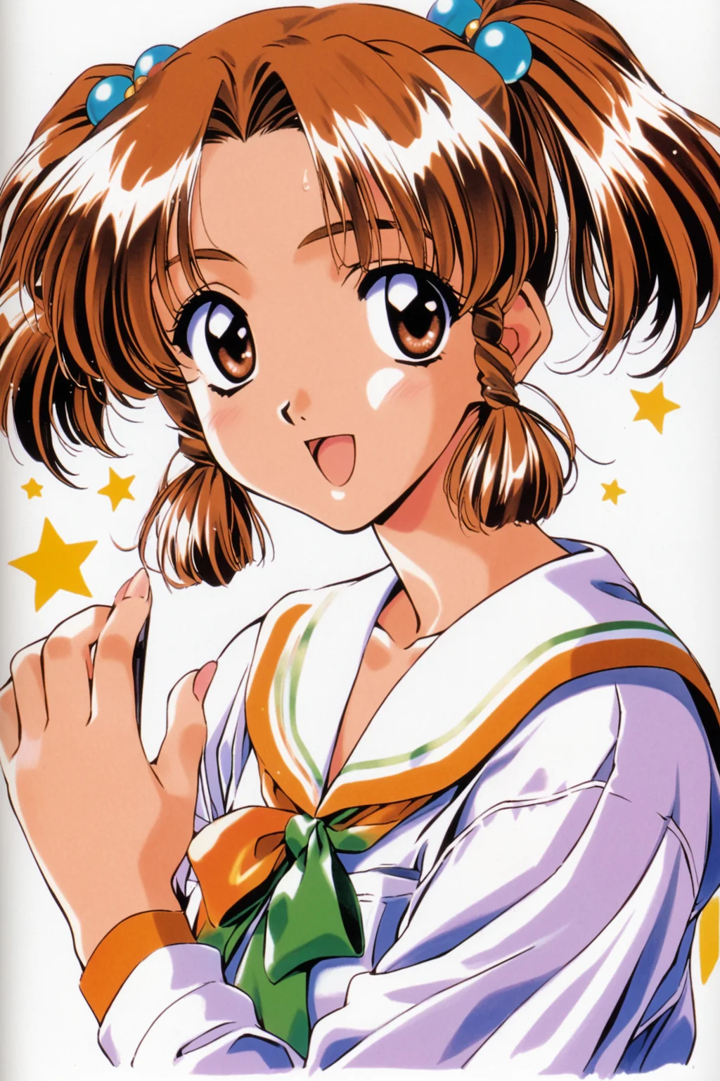 Emiru Nagakura,1girl,brown hair,twintails,open mouth,brown eyes,retro artstyle,1990s \(style\),solo,hair ornament,hair bobbles,white background,star \(symbol\),looking at viewer,long sleeves,simple background,smile,bangs,upper body,short twintails,holding,short hair,:d,<lora:Mizutani Tooru_XL:0.8>,