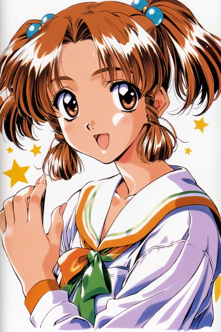Emiru Nagakura,1girl,brown hair,twintails,open mouth,brown eyes,retro artstyle,1990s \(style\),solo,hair ornament,hair bobbles,white background,star \(symbol\),looking at viewer,long sleeves,simple background,smile,bangs,upper body,short twintails,holding,short hair,:d,<lora:Mizutani Tooru_XL:0.8>,