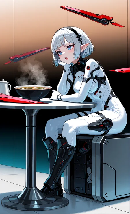 masterpiece, sharp detail, intricate detail, 1girl, pointy ears, detailed eyes, gradient blue eyes, long eyelashes, red eyeliner, short hair, silver hair, black hairband, medium breasts, blunt bangs, full body, white bodysuit, knee boots, armor, sitting, cafe, science fiction theme, indoors, bored, open mouth, soup on table, head rest, v-shaped eyebrows, floating red drones, floating weapon, <lora:Improved Anime Drones:0.8> science fiction, gradient background, soft gradient,