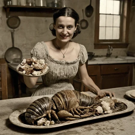 daguerreotype of circa 1850 woman, putting a platter of roasted alien turkey trilobites on a dirty dining table, in old kitchen, wearing a cotton revealing sexy dirty old ripped dress made of cotton, detailed face, monsters, intricate detail