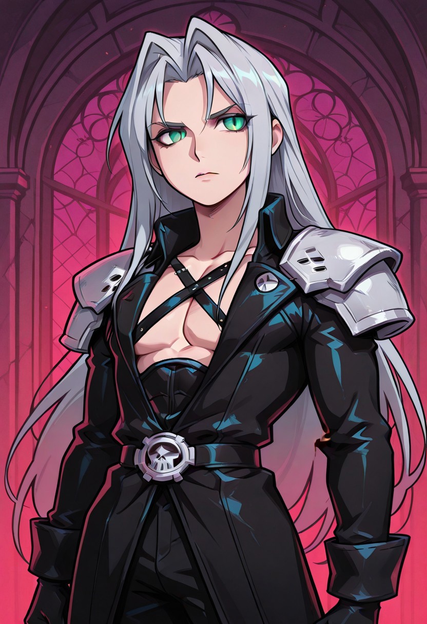 score_9,score_8_up,score_7_up,score_6_up, masterpiece, best quality, very aesthetic, 2d, ((thick lines)), vibrant saturated colors,
volumetric lighting, cinematic lighting, moody lighting, dramatic shadows,
detailed background, 
BREAK sephiroth, official outfit grey hair, long hair, very long hair, parted bangs, armor, open clothes, shoulder armor, long sleeves, pectorals, black jacket, jacket, black gloves, high collar, long bangs, black coat, green eyes, slit pupils, gothic noir background