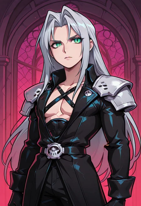 score_9,score_8_up,score_7_up,score_6_up, masterpiece, best quality, very aesthetic, 2d, ((thick lines)), vibrant saturated colors,
volumetric lighting, cinematic lighting, moody lighting, dramatic shadows,
detailed background,
BREAK sephiroth, official outfit grey hair, long hair, very long hair, parted bangs, armor, open clothes, shoulder armor, long sleeves, pectorals, black jacket, jacket, black gloves, high collar, long bangs, black coat, green eyes, slit pupils, gothic noir background