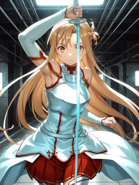 masterpiece,best quality,newest,
1girl,solo,
<lora:mpl_ilxl_v1.1>,m_p_l,vanishing point,high ceiling,holding_sword,Swinging a sword,expressionless,glowing eyes,constricted_pupils,wide-eyed,closed mouth,fighting_stance,fighting,arm_above_head,from_below,looking_at_viewer,(speed_lines:1.2),motion_lines,bokeh,motion_blur,pov,
<lora:Fixhands_anime_bdsqlsz_V1:1>,<lora:a_asuna_ilxl_v1:1>,a_asuna,brown eyes,a_clothes,bare shoulders,long_sleeves,armor,red skirt,a_sword,serious,shouting,wide_shot,