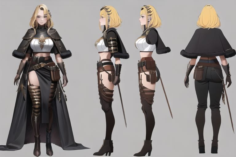 1woman, solo, armor, pauldrons, <lora:BarbarianT-18:0.8>, BarbarianT, muscular female, bare body builder abs, ((masterpiece: 1.4, perfect face, best quality: 1.2)), ultra highly detailed, detailed eyes, delicate hair details, armor faulds, fantasy crop top, arm armor, armor greaves, furry tippet, large breasts, sexy eyes, devilish grin, mixed blonde hair, extremely messy large shag hair cape, many braids and beads in hair, intricate details, hazel eyes, eyeliner, eyelashes, crossed_bangs, warpaint, one bare muscular armor with viking design tattoo, wide striped puffy sleeves, multicolor sleeves, tribal design asymmetrical lion cloths, leather boots, wide striped baggy pants trousers, tassel belt accessories, barbarian woman, brown leather hip belt with pouch on right side of hip, sword sheath on left side of hip belt, leather gloves with fur trim, saturated brown tones, nordic, fantasy aesthetic,(flat saturated colors), fine details, intense,(lineart:1.33), charactersheet, reference sheet, multiple views, white background