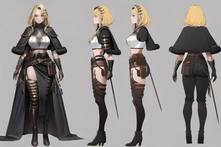 1woman, solo, armor, pauldrons, <lora:BarbarianT-18:0.8>, BarbarianT, muscular female, bare body builder abs, ((masterpiece: 1.4, perfect face, best quality: 1.2)), ultra highly detailed, detailed eyes, delicate hair details, armor faulds, fantasy crop top, arm armor, armor greaves, furry tippet, large breasts, sexy eyes, devilish grin, mixed blonde hair, extremely messy large shag hair cape, many braids and beads in hair, intricate details, hazel eyes, eyeliner, eyelashes, crossed_bangs, warpaint, one bare muscular armor with viking design tattoo, wide striped puffy sleeves, multicolor sleeves, tribal design asymmetrical lion cloths, leather boots, wide striped baggy pants trousers, tassel belt accessories, barbarian woman, brown leather hip belt with pouch on right side of hip, sword sheath on left side of hip belt, leather gloves with fur trim, saturated brown tones, nordic, fantasy aesthetic,(flat saturated colors), fine details, intense,(lineart:1.33), charactersheet, reference sheet, multiple views, white background
