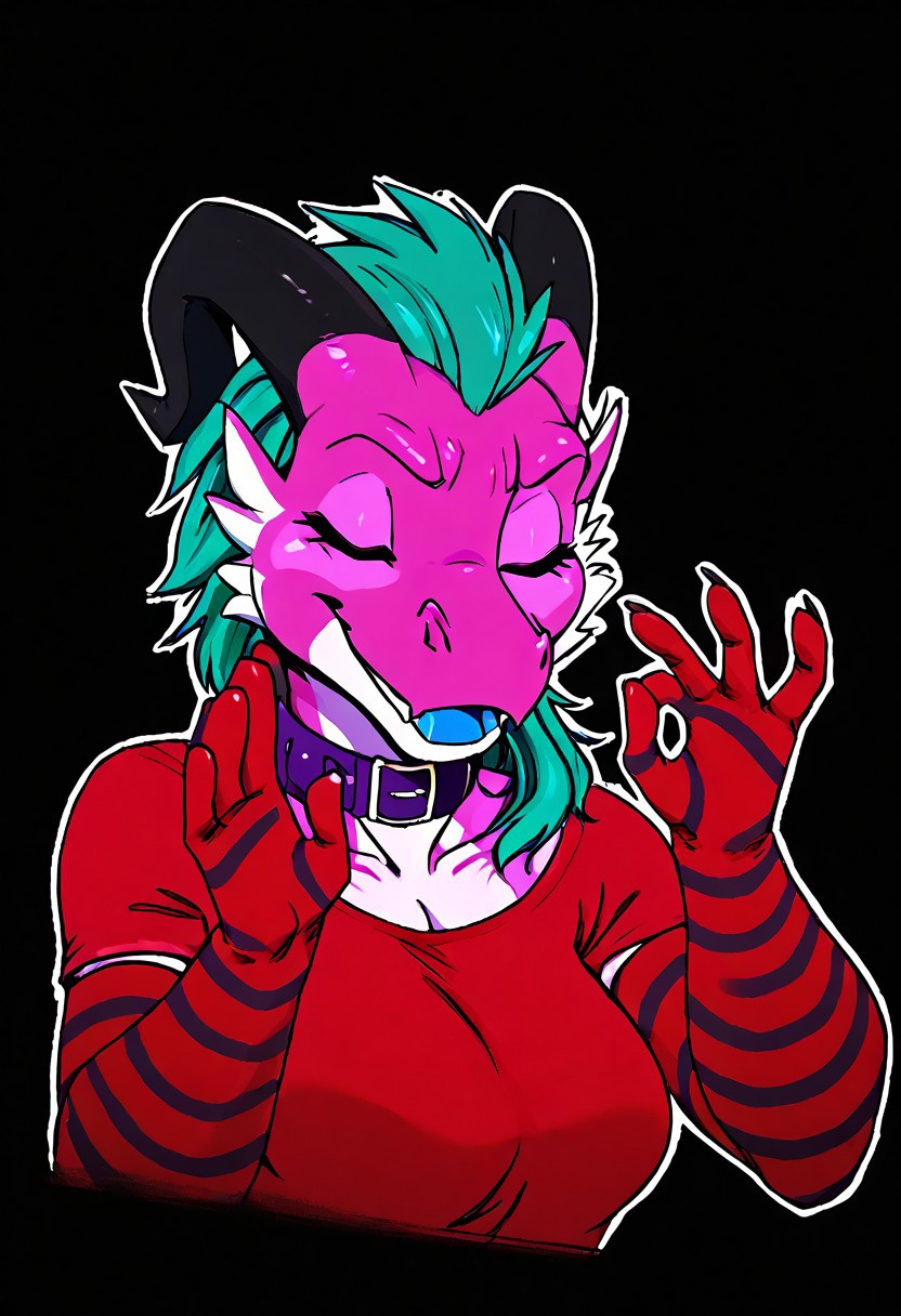 a furry sticker of, white outline:1.4, simple background, by incase, score_9, score_8_up, score_7_up, score_6_up, score_5_up, best quality, highly detailed, intricate details, extremely detailed, masterpiece, 4k, fine details, subtle soft details, futanari, ((Kobold)), ((pink scales:1.4)), split complimentary color scheme, ((purple stripes)), ((black sclera)), ((glowing orange eyes, orange iris, black pupils, split pupils)), (long eastern dragon tail), ((brown ram horns)), ((long teal hair:1.4)), ((purple slave collar)), ((black lipstick)), black eyeliner, plump, cute, medium breasts, cleavage, curvy, red long gloves, large iris, smiling, 1girl, solo, solid bright green background, looking at viewer, (bust shot), red tshirt, red t-shirt, side view, eyes partially closed, light blue tongue, half closed eyes, emote, pachameme, hands up, ok sign, closed eyes