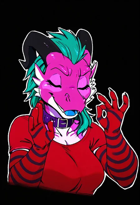 a furry sticker of, white outline:1.4, simple background, by incase, score_9, score_8_up, score_7_up, score_6_up, score_5_up, best quality, highly detailed, intricate details, extremely detailed, masterpiece, 4k, fine details, subtle soft details, futanari, ((Kobold)), ((pink scales:1.4)), split complimentary color scheme, ((purple stripes)), ((black sclera)), ((glowing orange eyes, orange iris, black pupils, split pupils)), (long eastern dragon tail), ((brown ram horns)), ((long teal hair:1.4)), ((purple slave collar)), ((black lipstick)), black eyeliner, plump, cute, medium breasts, cleavage, curvy, red long gloves, large iris, smiling, 1girl, solo, solid bright green background, looking at viewer, (bust shot), red tshirt, red t-shirt, side view, eyes partially closed, light blue tongue, half closed eyes, emote, pachameme, hands up, ok sign, closed eyes