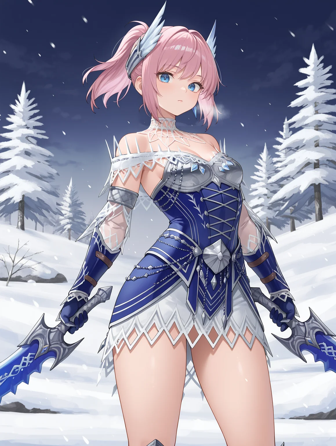 velkhana armor,blue short dress,1girl,solo,short hair,silver headgear,pink hair,blue gloves,snow,looking at viewer,dual wielding,blue sword,holding blue sword,ponytail,
masterpiece,best quality,amazing quality,very aesthetic,absurdres,newest,<lora:Velkhana Armor Beta illuXL v1.1:0.77>,side,
