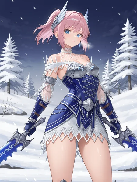 velkhana armor,blue short dress,1girl,solo,short hair,silver headgear,pink hair,blue gloves,snow,looking at viewer,dual wielding,blue sword,holding blue sword,ponytail,
masterpiece,best quality,amazing quality,very aesthetic,absurdres,newest,<lora:Velkhana Armor Beta illuXL v1.1:0.77>,side,