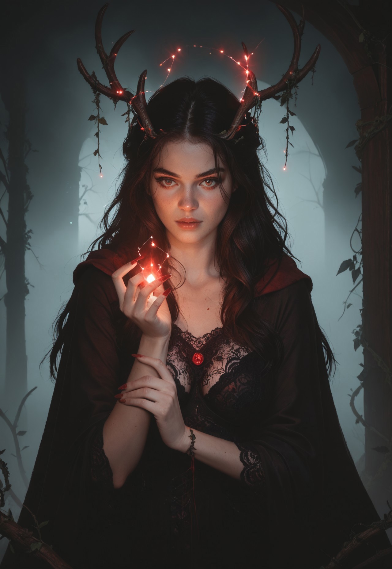 safe_pos, 1girl, iridescent lighting, long dark hair, medium breasts, lace dress, cloak, wood antlers, blood magic, 

glowing red constellation in hand, 

simple dark background, wooden coffins, moss, vines, 

upper body,

score_8, score_9_up,