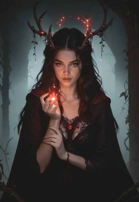 safe_pos, 1girl, iridescent lighting, long dark hair, medium breasts, lace dress, cloak, wood antlers, blood magic, 

glowing red constellation in hand, 

simple dark background, wooden coffins, moss, vines, 

upper body,

score_8, score_9_up,